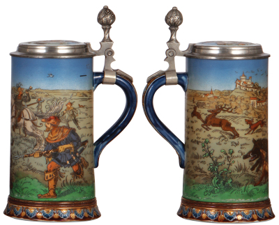 Mettlach stein, 1.0L, 2083, etched, Boar Hunt, inlaid lid, inlay cracked and crack around base visible inside. - 2