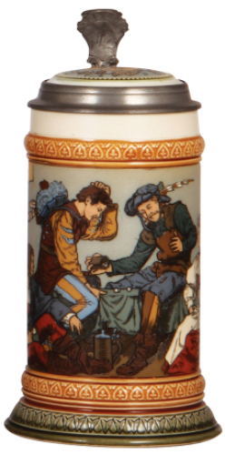 Mettlach stein, .5L, 2441, etched, inlaid lid, long hairline on side&nbsp;of body and base.