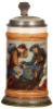 Mettlach stein, .5L, 2441, etched, inlaid lid, long hairline on side&nbsp;of body and base.