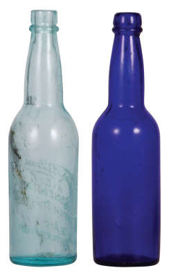 Two American Brewing Co. bottles, 9.6" ht., embossed, St. Louis, A.B.C. Bohemian, American Brw'g. Co., King of All Bottled Beers; with. 9.5" ht., cobalt blue, marked A.B.C. Co., 10 on bottom, good condition. - 2