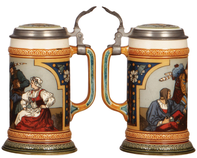 Mettlach stein, .5L, 2441, etched, inlaid lid, long hairline on side of body and base. - 2