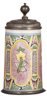 Faience stein, 9.3" ht., late 1700s, Bayreuther Walzenkrug, pewter lid with medallion & pewter footring, inscription dated 1805, small upper rim flakes, later replaced hinge.