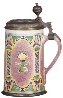 Faience stein, 9.3" ht., late 1700s, Bayreuther Walzenkrug, pewter lid with medallion & pewter footring, inscription dated 1805, small upper rim flakes, later replaced hinge. - 2