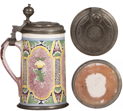 Faience stein, 9.3" ht., late 1700s, Bayreuther Walzenkrug, pewter lid with medallion & pewter footring, inscription dated 1805, small upper rim flakes, later replaced hinge. - 3