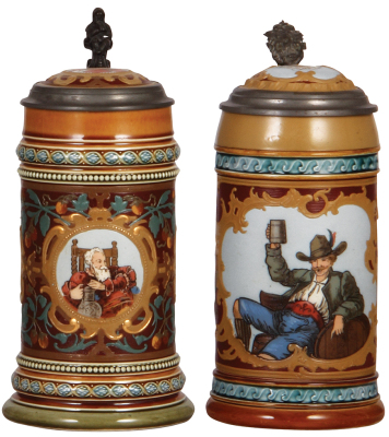 Two Mettlach steins, .5L, 1999, etched, by M. Hein, inlaid lid, mint; with, .5L, 2054, etched, inlaid lid, mint.