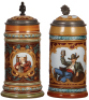 Two Mettlach steins, .5L, 1999, etched, by M. Hein, inlaid lid, mint; with,&nbsp;.5L, 2054, etched, inlaid lid, mint.