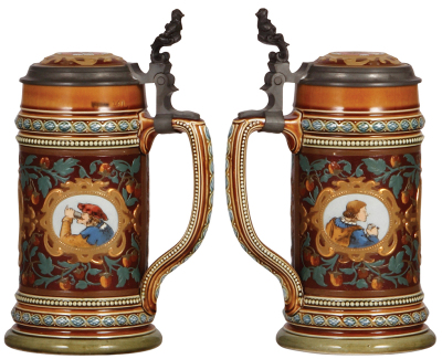 Two Mettlach steins, .5L, 1999, etched, by M. Hein, inlaid lid, mint; with, .5L, 2054, etched, inlaid lid, mint. - 2