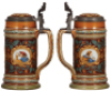 Two Mettlach steins, .5L, 1999, etched, by M. Hein, inlaid lid, mint; with,&nbsp;.5L, 2054, etched, inlaid lid, mint. - 2