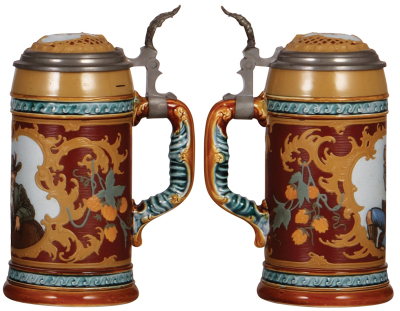 Two Mettlach steins, .5L, 1999, etched, by M. Hein, inlaid lid, mint; with, .5L, 2054, etched, inlaid lid, mint. - 3