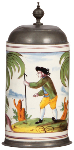 Faience stein, 9.8" ht., late 1700s, Th&uuml;ringer Walzenkrug, marked M, pewter lid & footring, later replaced lid, top rim chips. &nbsp;&nbsp;&nbsp;