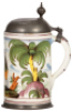 Faience stein, 9.8" ht., late 1700s, Th&uuml;ringer Walzenkrug, marked M, pewter lid & footring, later replaced lid, top rim chips. &nbsp;&nbsp;&nbsp; - 2