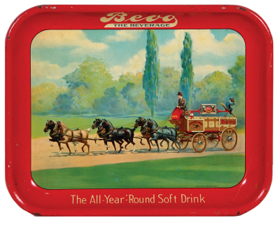 Anheuser-Busch advertising tray, 13.3" x 10.5", Bevo, The Beverage, The All-Year-Round Soft Drink, marked: Copyrighted, Anheuser-Busch, scratch, light chipping & wear.