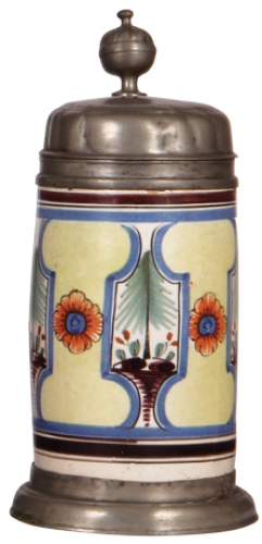 Faience stein, 10.8" ht., late 1700s, Th&uuml;ringer&nbsp;Walzenkrug, pewter lid & footring, two tight 4" lines on side, two handle cracks glued.