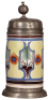Faience stein, 10.8" ht., late 1700s, Th&uuml;ringer&nbsp;Walzenkrug, pewter lid & footring, two tight 4" lines on side, two handle cracks glued.