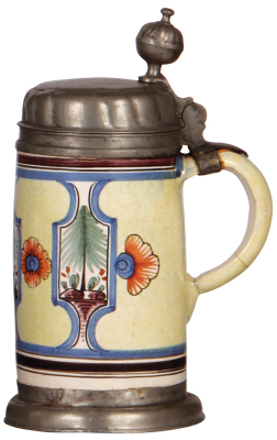 Faience stein, 10.8" ht., late 1700s, Thüringer Walzenkrug, pewter lid & footring, two tight 4" lines on side, two handle cracks glued. - 2