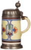 Faience stein, 10.8" ht., late 1700s, Th&uuml;ringer&nbsp;Walzenkrug, pewter lid & footring, two tight 4" lines on side, two handle cracks glued. - 2