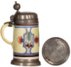 Faience stein, 10.8" ht., late 1700s, Th&uuml;ringer&nbsp;Walzenkrug, pewter lid & footring, two tight 4" lines on side, two handle cracks glued. - 3