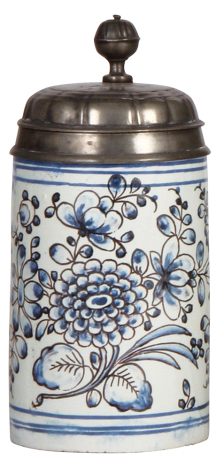 Faience stein, 8.2" ht., late 1700s, Walzenkrug, pewter lid with touchmark, lid inscription 1810, tight 2" line on side, otherwise good condition.