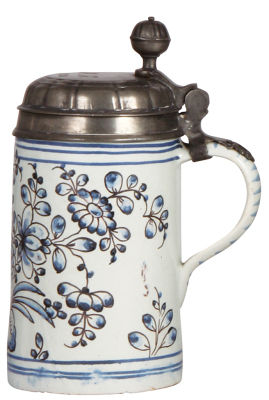 Faience stein, 8.2" ht., late 1700s, Walzenkrug, pewter lid with touchmark, lid inscription 1810, tight 2" line on side, otherwise good condition. - 2