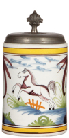 Faience stein, 8.6" ht., early 1800s, Hannoversch-M&uuml;ndener Walzenkrug, pewter lid, two tight 1" hairlines.
