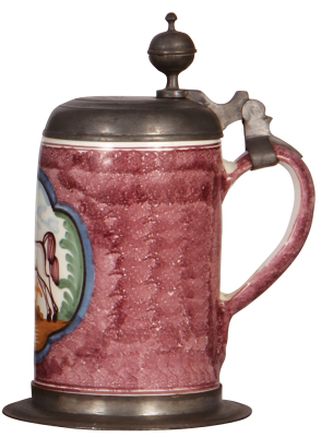 Faience stein, 10.8" ht., late 1700s, Braunschweiger Walzenkrug, pewter lid & footring, inscription dated 1771, tight 2.5" hairline on side, otherwise very good condition. - 2