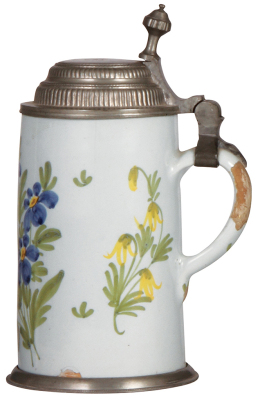 Faience stein, 9.6'' ht., c.1800, Schrezheimer Walzenkrug, pewter lid & footring, glaze chips on rim, handle & base, 3" hairline. - 2