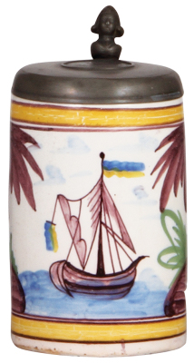 Faience stein, 6.8" ht., Hannoverisch-Mündener, unmarked, early 1800s, unusual scene of a sailboat, pewter lid has a medalion, pewter strap repaired, body good condition.