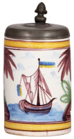 Faience stein, 6.8" ht., Hannoverisch-M&uuml;ndener, unmarked, early 1800s, unusual scene of a sailboat, pewter lid has a medalion, pewter strap repaired, body good condition.