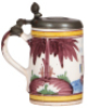 Faience stein, 6.8" ht., Hannoverisch-M&uuml;ndener, unmarked, early 1800s, unusual scene of a sailboat, pewter lid has a medalion, pewter strap repaired, body good condition. - 3