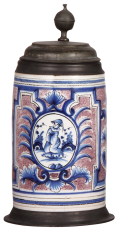 Faience stein, 9.8" ht., Walzenkrug, late 1700s, pewter lid, footring & vertical handle strap, lid inscription: 1786, pewter looks worn, body good condition.