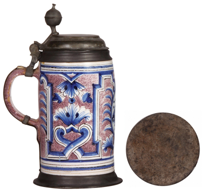 Faience stein, 9.8" ht., Walzenkrug, late 1700s, pewter lid, footring & vertical handle strap, lid inscription: 1786, pewter looks worn, body good condition. - 3