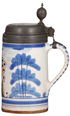 Faience stein, 10.0" ht., late 1700s, Bayreuther Walzenkrug, pewter lid with inscription 1810, tight line across base.         - 2