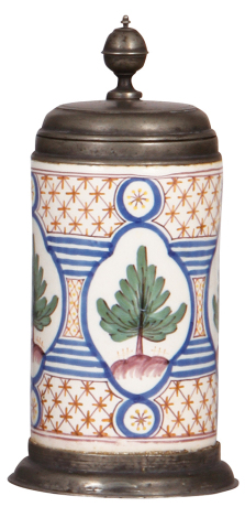 Faience stein, 8.8" ht., late 1700s, Walzenkrug, pewter lid with inscription 1811, pewter footring & vertical strap, line on handle, three small chips in rear.