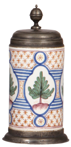 Faience stein, 8.8" ht., late 1700s, Walzenkrug, pewter lid with&nbsp;inscription 1811, pewter footring & vertical strap, line on handle, three small chips in rear.