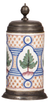 Faience stein, 8.8" ht., late 1700s, Walzenkrug, pewter lid with&nbsp;inscription 1811, pewter footring & vertical strap, line on handle, three small chips in rear.
