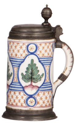 Faience stein, 8.8" ht., late 1700s, Walzenkrug, pewter lid with inscription 1811, pewter footring & vertical strap, line on handle, three small chips in rear. - 2