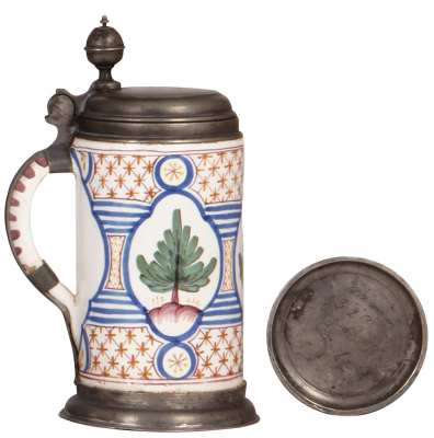 Faience stein, 8.8" ht., late 1700s, Walzenkrug, pewter lid with inscription 1811, pewter footring & vertical strap, line on handle, three small chips in rear. - 3