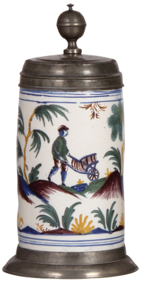 Faience stein, 10.0" ht., Walzenkrug, mid 1700s, pewter lid & footring, lid inscription: 1757, 1" interior glaze chip, large glaze chips on handle.