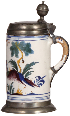 Faience stein, 10.0" ht., Walzenkrug, mid 1700s, pewter lid & footring, lid inscription: 1757, 1" interior glaze chip, large glaze chips on handle. - 2