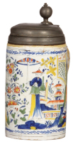 Faience stein, 9.3" ht., late 1700s, Erfurter Walzenkrug, marked E, pewter lid, poorly repaired pewter tear three long tight hairlines, glaze flakes on handle and upper rim.