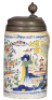 Faience stein, 9.3" ht., late 1700s, Erfurter Walzenkrug, marked E, pewter lid, poorly repaired pewter tear three long tight hairlines, glaze flakes on handle and upper rim.
