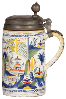 Faience stein, 9.3" ht., late 1700s, Erfurter Walzenkrug, marked E, pewter lid, poorly repaired pewter tear three long tight hairlines, glaze flakes on handle and upper rim. - 2