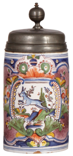 Faience stein, 9.7" ht., late 1700s, Erfurter Walzenkrug, marked&nbsp;C, jumping rabbit, pewter lid with touch mark and inscription dated 1780, pewter tear repaired, body very good condition.