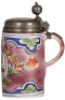 Faience stein, 9.7" ht., late 1700s, Erfurter Walzenkrug, marked&nbsp;C, jumping rabbit, pewter lid with touch mark and inscription dated 1780, pewter tear repaired, body very good condition. - 2