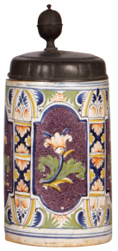 Faience stein, 9.7" ht., late 1700s, Th&uuml;ringer&nbsp;Walzenkrug, pewter lid with touch mark, missing upper pewter ring [under lid], poorly repaired lid tear, glaze flakes on handle.