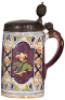 Faience stein, 9.7" ht., late 1700s, Th&uuml;ringer&nbsp;Walzenkrug, pewter lid with touch mark, missing upper pewter ring [under lid], poorly repaired lid tear, glaze flakes on handle. - 2