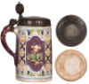 Faience stein, 9.7" ht., late 1700s, Th&uuml;ringer&nbsp;Walzenkrug, pewter lid with touch mark, missing upper pewter ring [under lid], poorly repaired lid tear, glaze flakes on handle. - 3