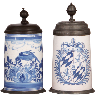 Two Faience steins, 9.4" ht., late 1700s, Bayreuther Walzenkrug, pewter lid & footring, lid has touch mark, lid inscription 1761, handle attached with pewter, glaze chips at bottom of handle; with, 10.0" ht., late 1700s, Bayreuther Walzenkrug, pewter lid 