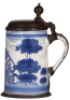 Two Faience steins, 9.4" ht., late 1700s, Bayreuther Walzenkrug, pewter lid & footring, lid has touch mark,&nbsp;lid inscription 1761, handle attached with pewter, glaze chips at bottom of handle; with, 10.0" ht., late 1700s, Bayreuther Walzenkrug, pewter lid - 2
