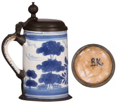 Two Faience steins, 9.4" ht., late 1700s, Bayreuther Walzenkrug, pewter lid & footring, lid has touch mark, lid inscription 1761, handle attached with pewter, glaze chips at bottom of handle; with, 10.0" ht., late 1700s, Bayreuther Walzenkrug, pewter lid - 3